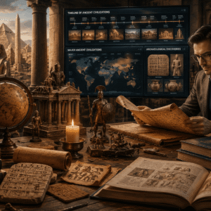 Ancient history course scene with Roman columns, Egyptian artefacts, and historical manuscripts