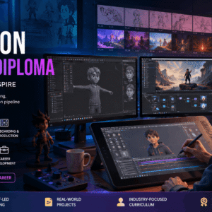 Creative studio scene for Animation Advanced Diploma with 3D character design and digital animation tools