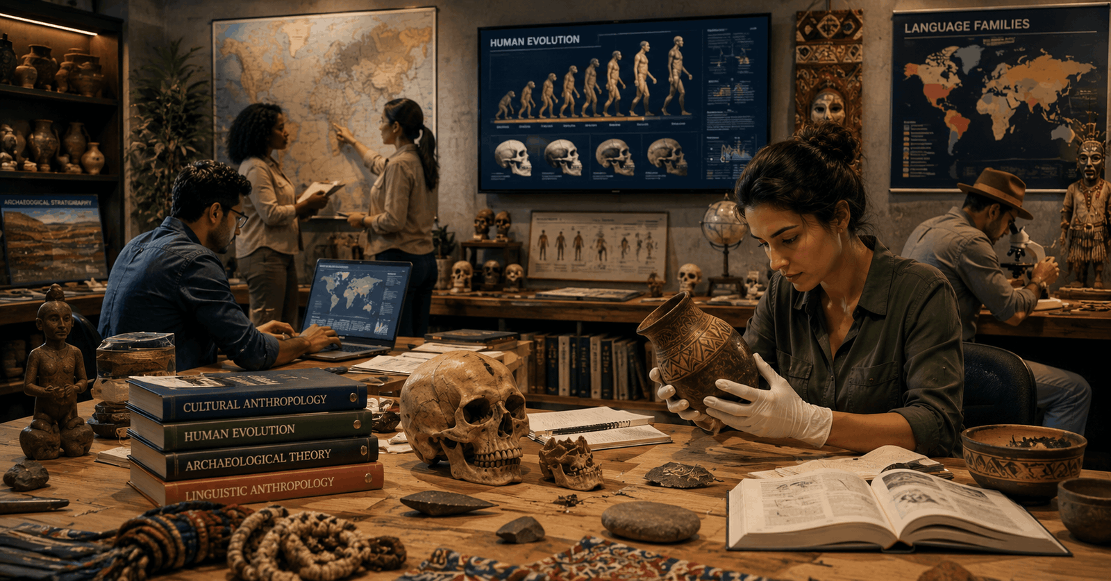 Students studying human culture and archaeology in Anthropology Diploma course