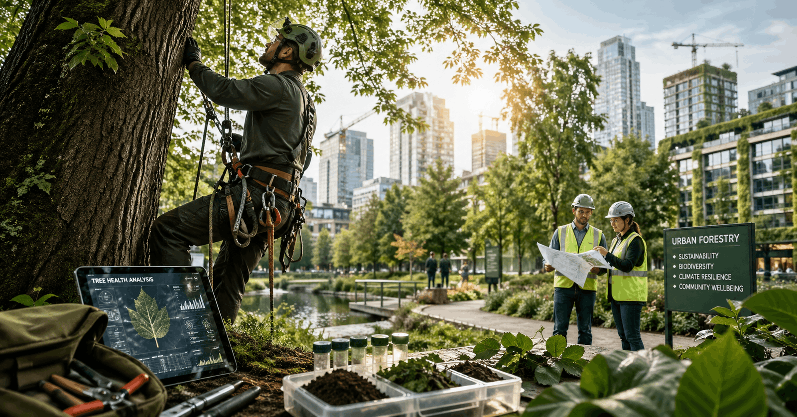 Professional arborist managing urban trees in Arboriculture Advanced Diploma training