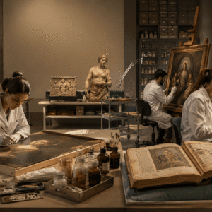 Art Conservation Diploma students restoring historical paintings and artworks in a professional conservation studio