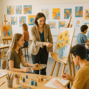 UK classroom scene showing an art teacher guiding students in painting and sculpture during the Art Teacher Course Level 3 Advanced Diploma.