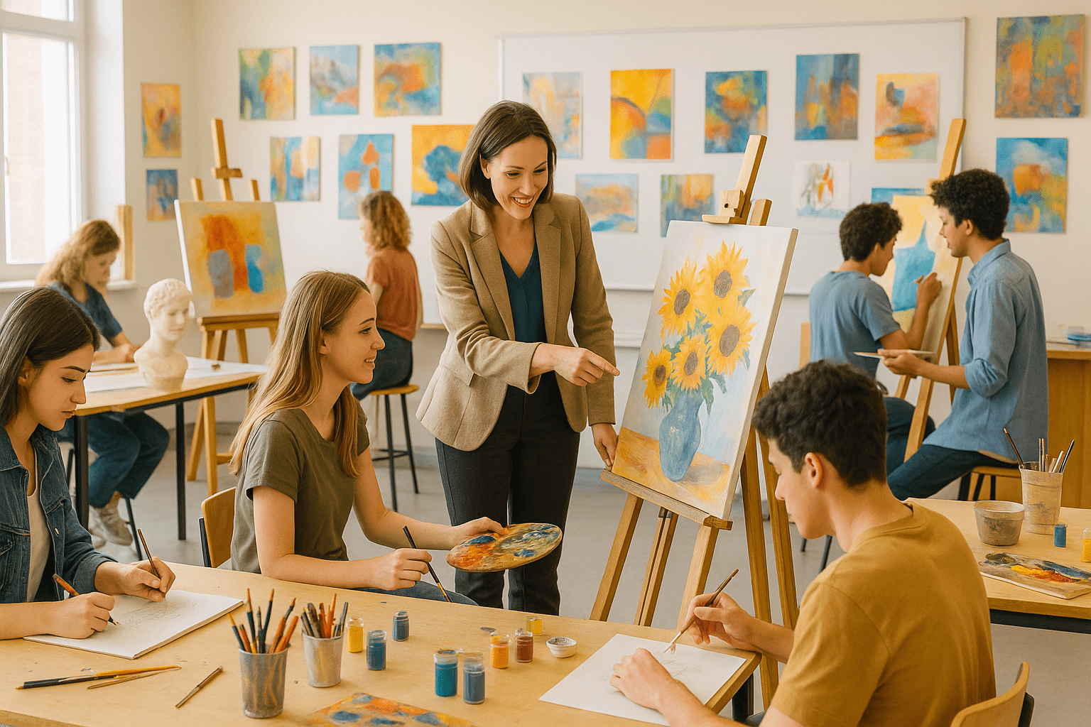 UK classroom scene showing an art teacher guiding students in painting and sculpture during the Art Teacher Course Level 3 Advanced Diploma.