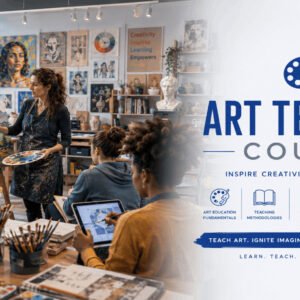 Art Teacher Course featuring a professional art teacher guiding students in a modern creative classroom with painting and drawing.