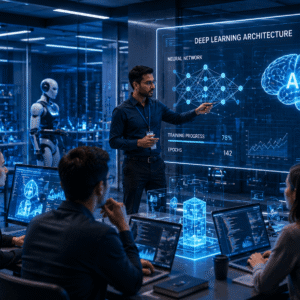 Artificial Intelligence Diploma students working with AI dashboards, robotics, machine learning, and data analytics