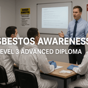 Trainees learning asbestos awareness and safety procedures in a UK training room – Asbestos Awareness Training Level 3.