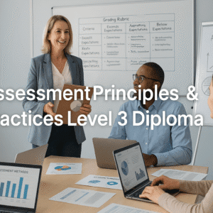 Assessment Principles Level 3 Diploma training session showing educators discussing grading and feedback techniques.
