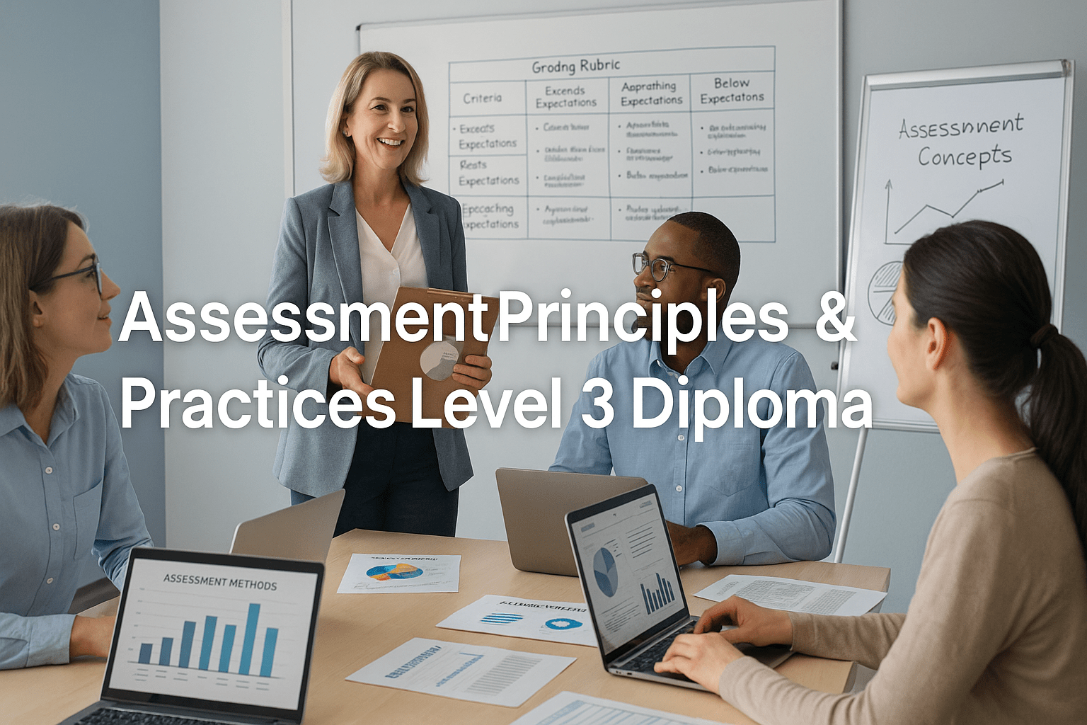 Assessment Principles Level 3 Diploma training session showing educators discussing grading and feedback techniques.