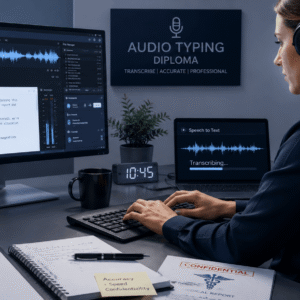 Professional transcriptionist working during Audio Typing Diploma training