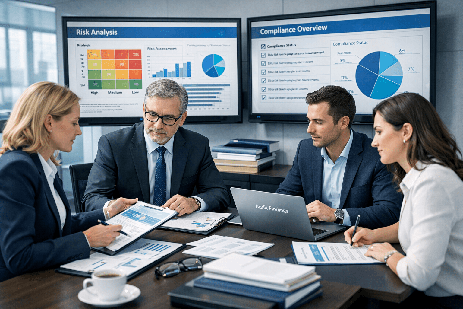 Audit management diploma Level 3 showing professional auditors analysing financial data and compliance reports in a modern office