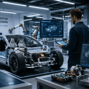 Automotive engineering students working with electric vehicle systems and advanced automotive technology