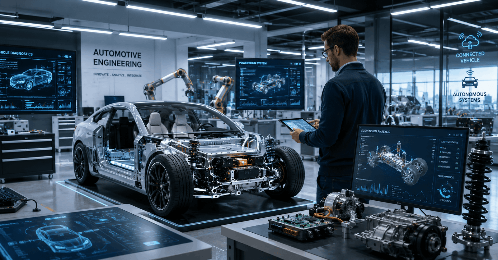 Automotive engineering students working with electric vehicle systems and advanced automotive technology
