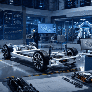 Students and engineers working on advanced vehicle systems in an Automotive Engineering Diploma training lab
