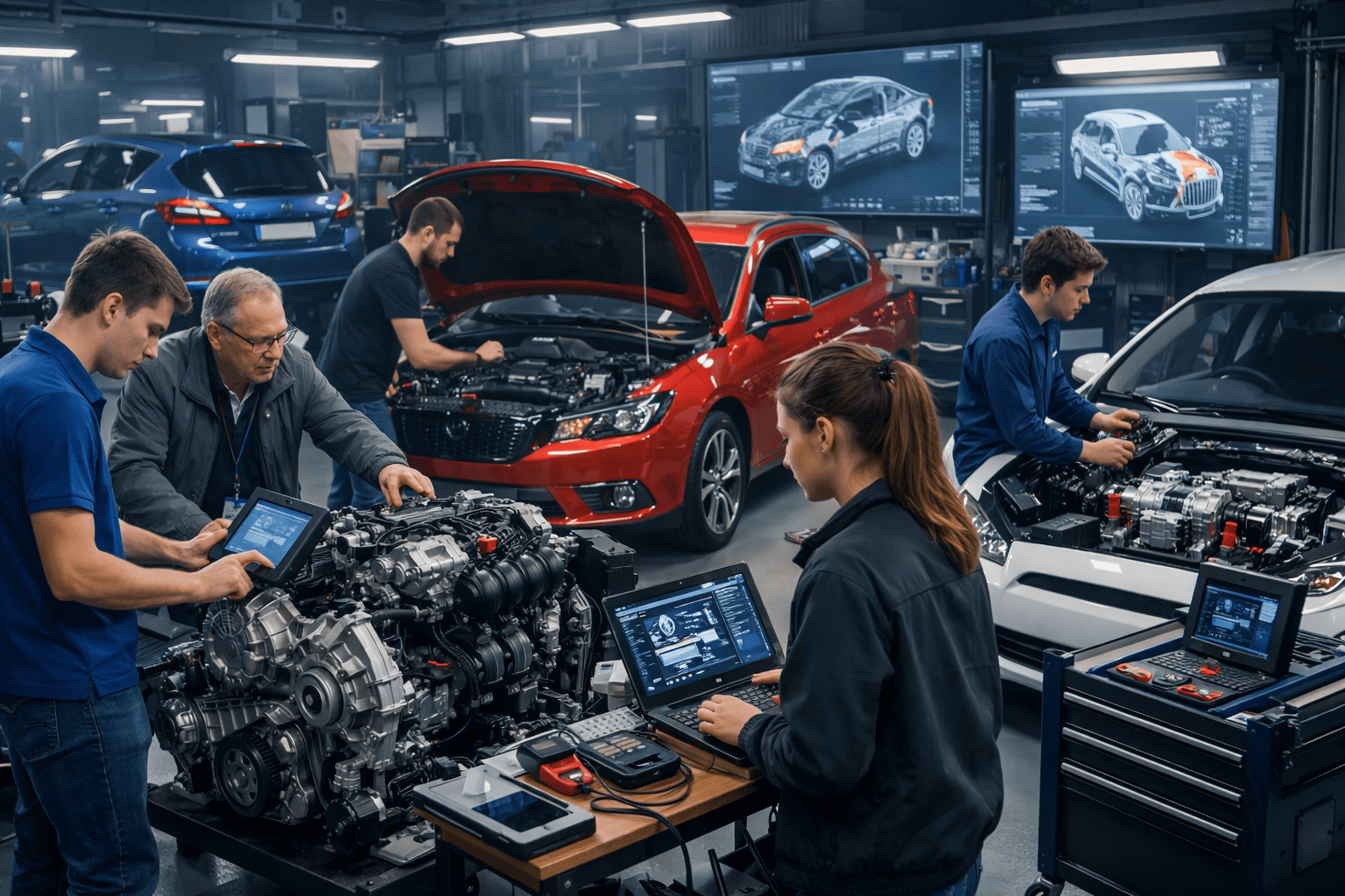 Students learning vehicle systems in an Automotive Engineering Diploma Level 3 laboratory with modern diagnostic and car technology