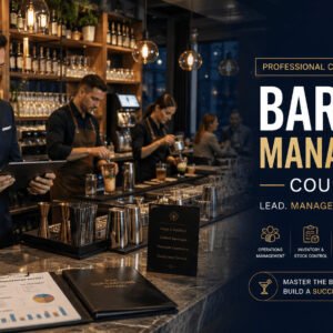 Bar Management Course featuring a professional bar manager overseeing staff in a modern premium cocktail bar.