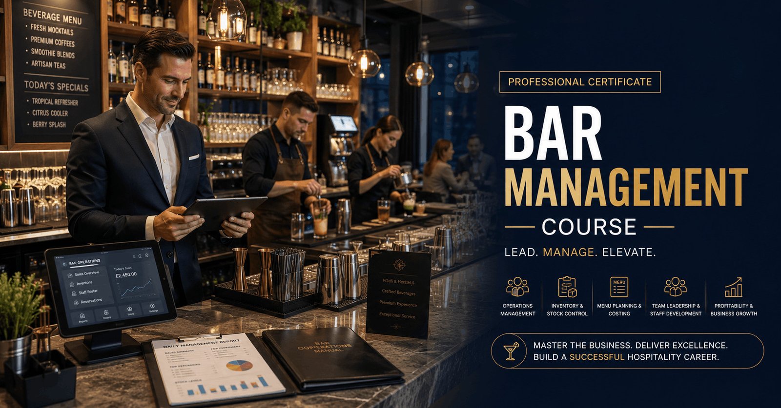 Bar Management Course featuring a professional bar manager overseeing staff in a modern premium cocktail bar.