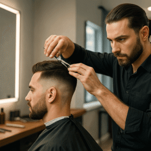 professional barber performing advanced fade and style during Barbering Advanced Diploma Level 3 training