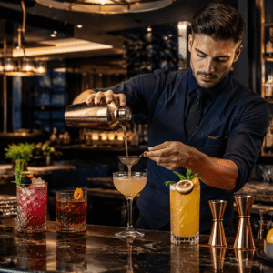Professional bartender preparing cocktails in a luxury bar for Bartending Diploma Level 8 training