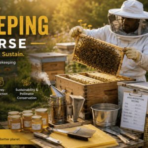 Professional beekeeper managing healthy hives during a Beekeeping Course in a sustainable apiary.