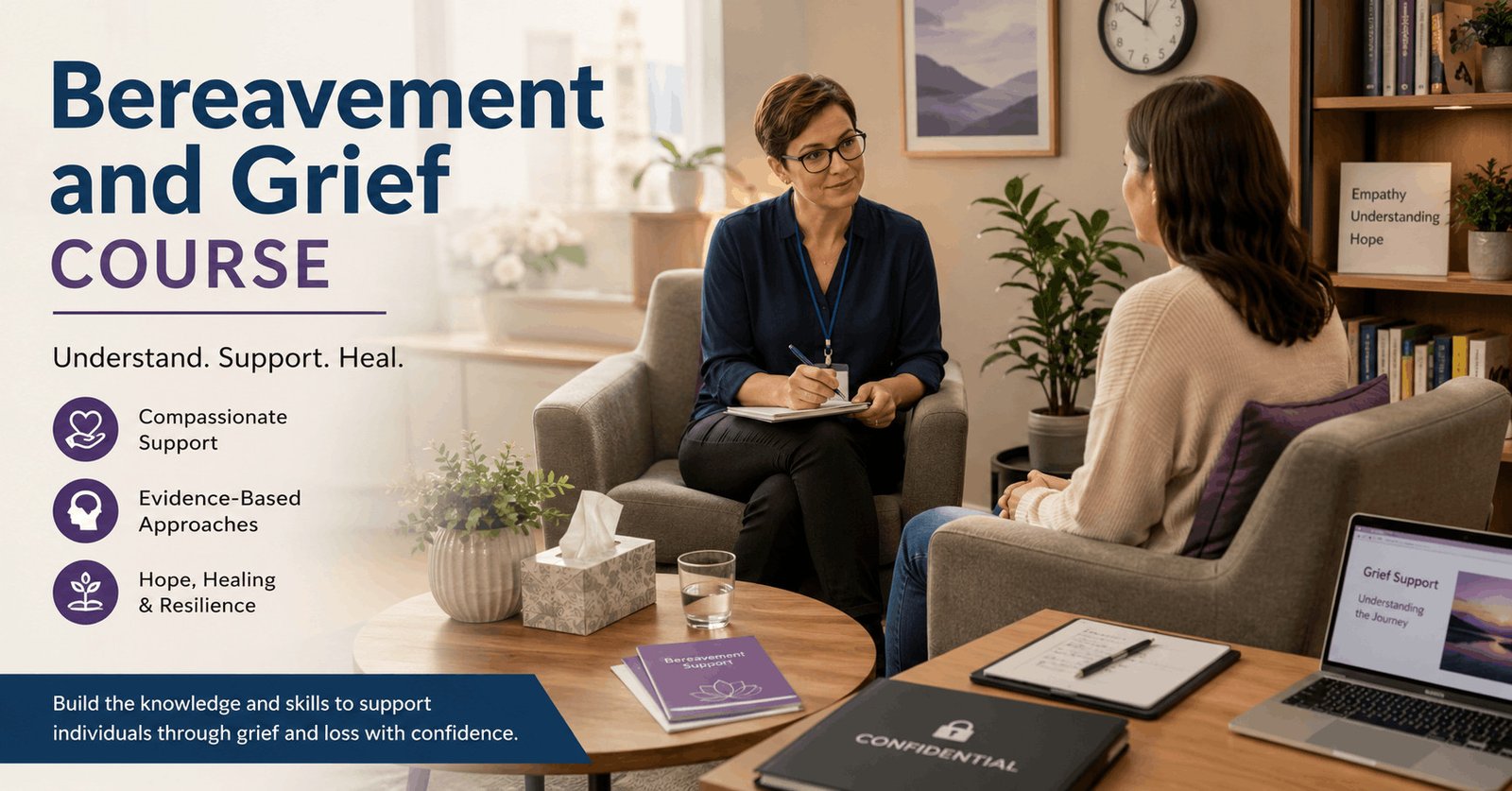 Professional grief counsellor supporting a client during a Bereavement and Grief Course in a calm counselling setting.
