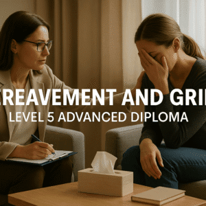 Bereavement and grief counsellor guiding client through loss during professional support session in the UK.