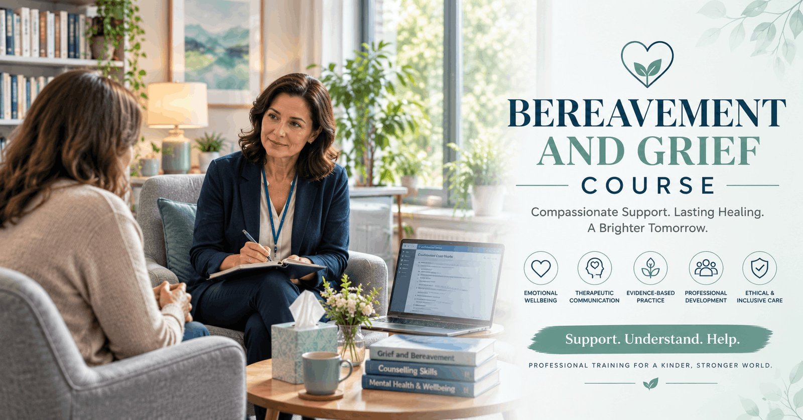 Bereavement and Grief Course featuring a compassionate counsellor supporting a client in a calm, private therapy setting.