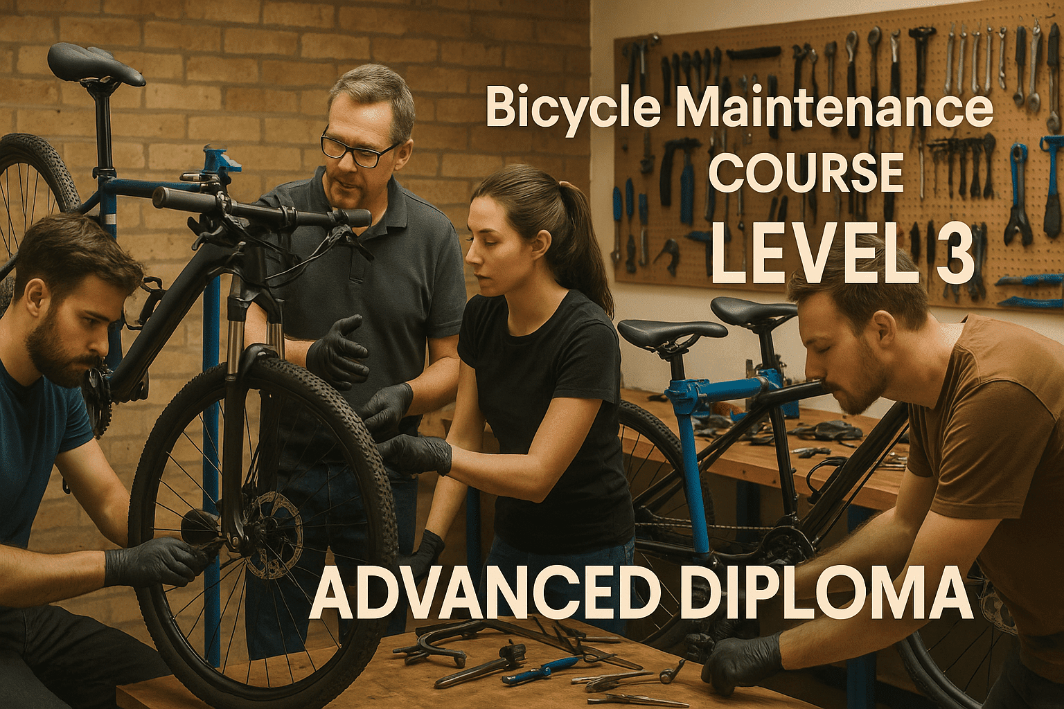 Students learning advanced repair and tuning in a Bicycle Maintenance Course Level 3 Advanced Diploma workshop