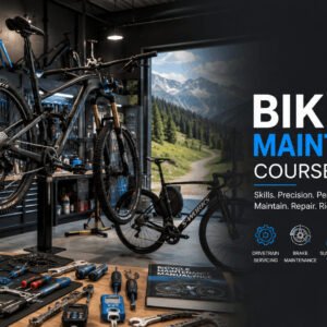 Bike Maintenance Course featuring a professional bicycle mechanic servicing a high-performance mountain bike in a modern workshop.