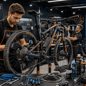 Professional mechanic repairing bicycles during a Bike Maintenance Course workshop session