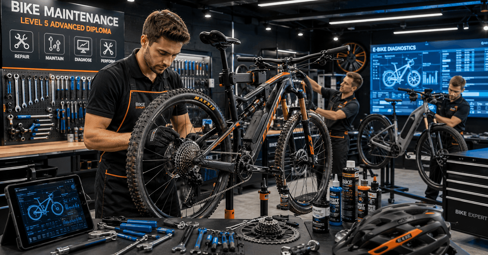Professional mechanic repairing bicycles during a Bike Maintenance Course workshop session
