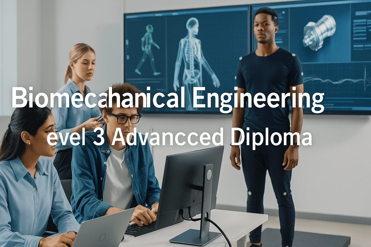 Biomechanical Engineering students analysing human motion and mechanical models in a modern engineering lab.
