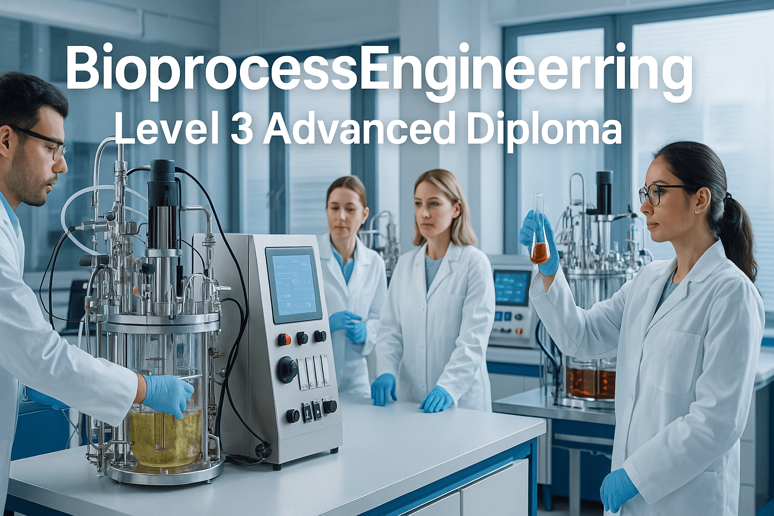 bioprocess engineering course showing bioreactor systems and lab researchers monitoring fermentation process