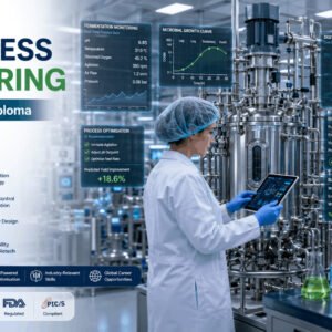 Bioprocess engineer operating advanced bioreactors and laboratory systems during Bioprocess Engineering Diploma training.
