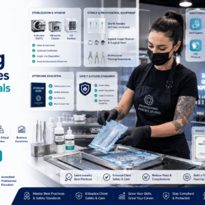 Professional Body Piercing Course featuring sterile tools, piercing jewellery, hygiene practices, and client consultation.