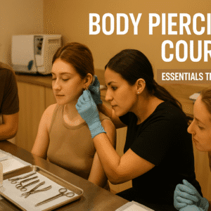 Body Piercing Course students practising safe piercing techniques with sterilised tools in a studio environment