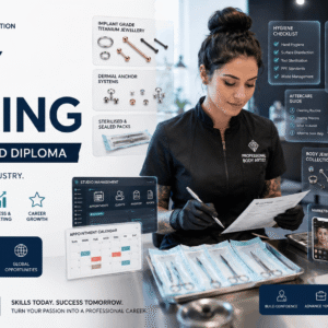 Professional Body Piercing Diploma course featuring sterile equipment, advanced jewellery, studio safety, and client consultation.