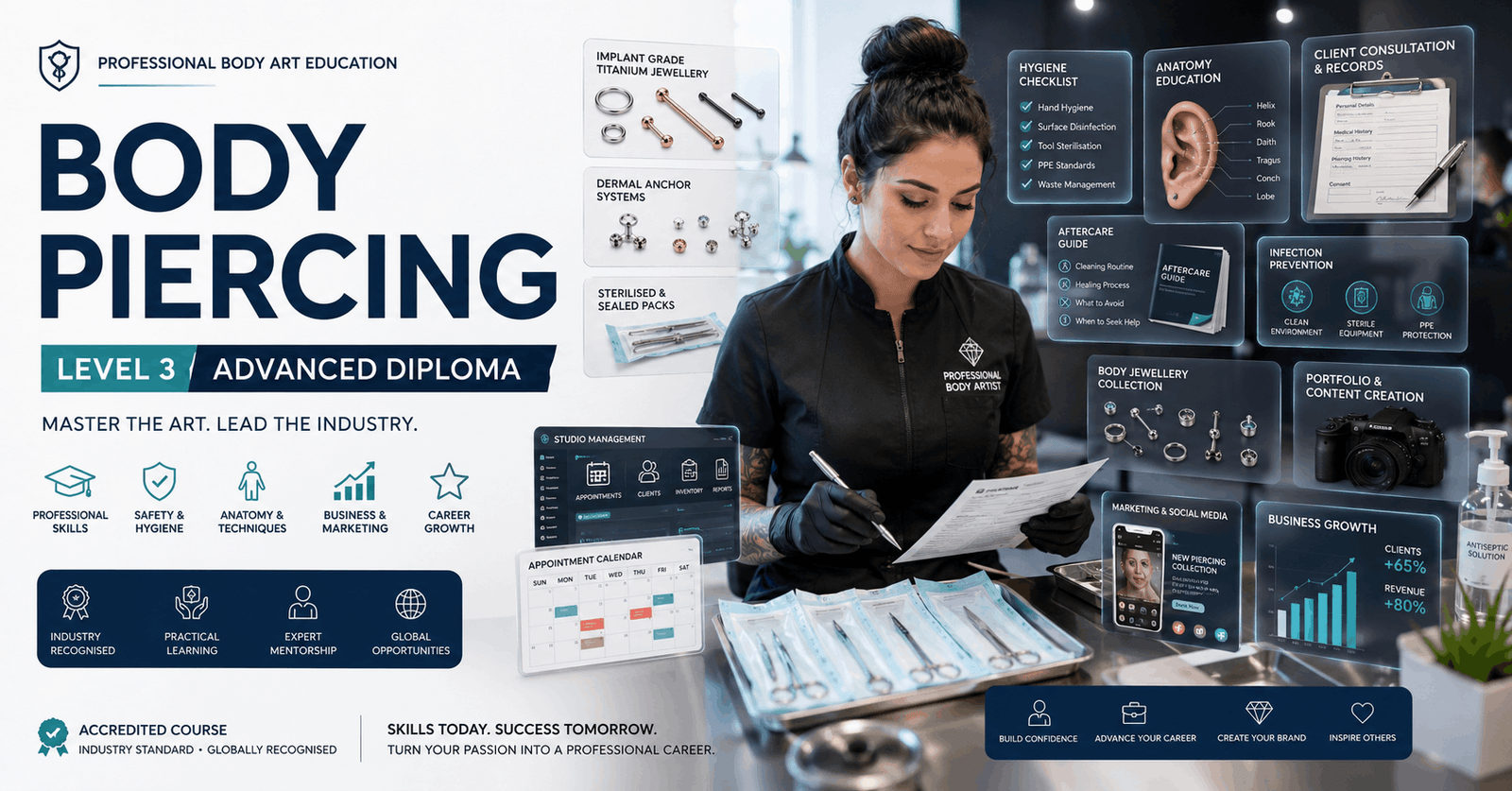 Professional Body Piercing Diploma course featuring sterile equipment, advanced jewellery, studio safety, and client consultation.
