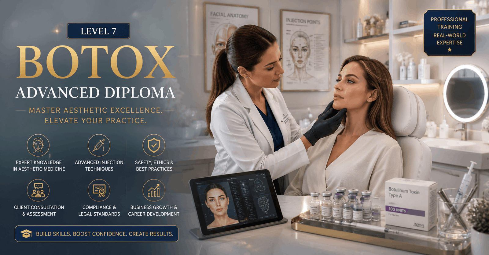 Aesthetic practitioner performing facial consultation for Botox Advanced Diploma training course