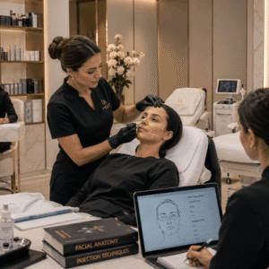 Botox Training Course showing aesthetic consultation, facial anatomy learning, and professional cosmetic procedures