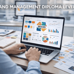 brand management diploma showing a marketing professional planning brand strategy with logos, charts and digital screens