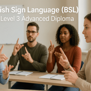 Students learning British Sign Language (BSL) with an interpreter in a modern UK classroom setting.
