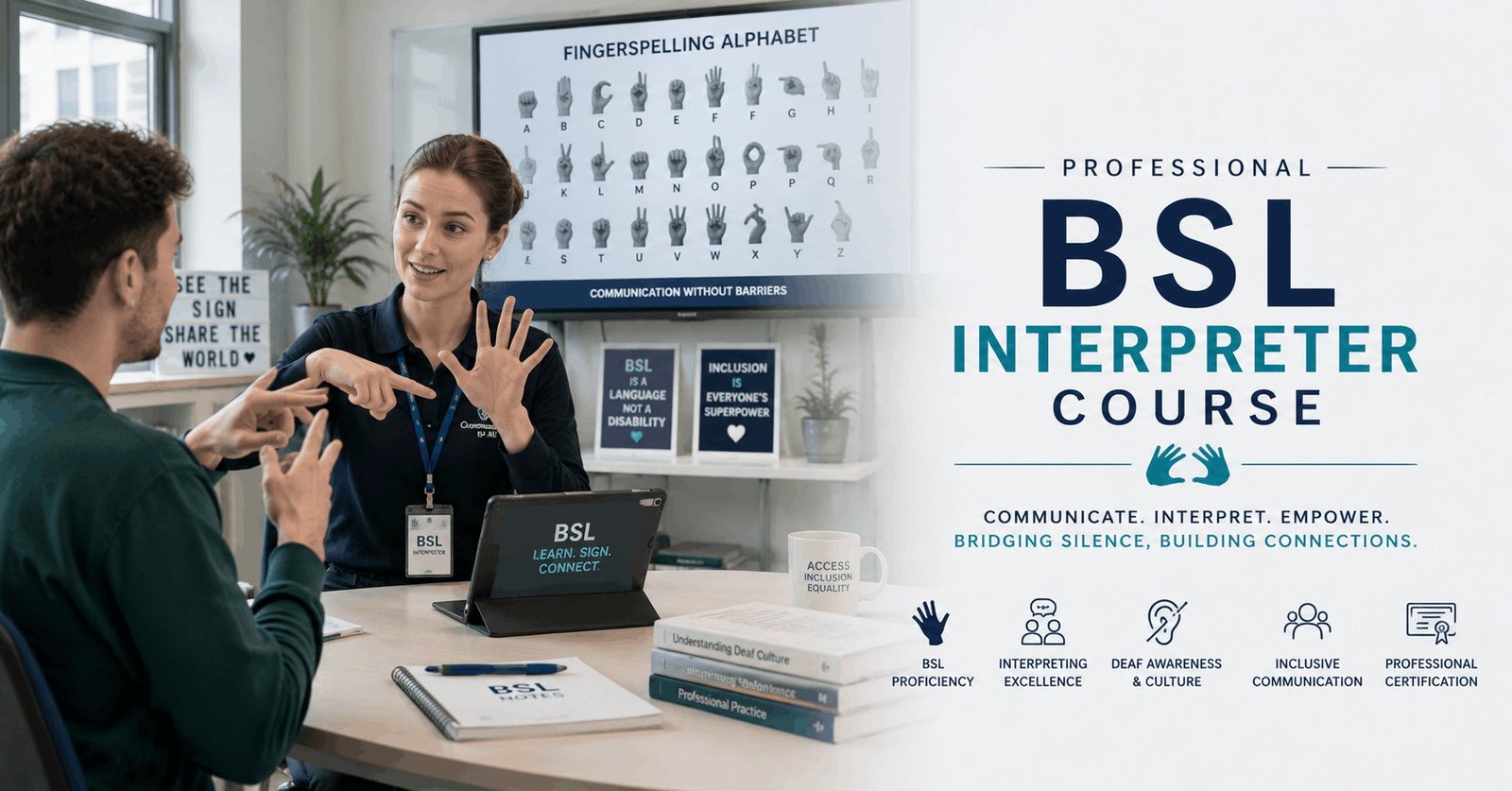 BSL Interpreter Course featuring a British Sign Language interpreter communicating with a Deaf participant in a modern classroom.