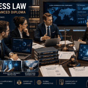 Business Law Diploma course showing legal professionals discussing contracts and corporate compliance in a modern office