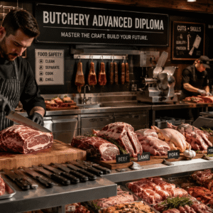 Butchery Advanced Diploma banner showing professional butcher preparing premium meat cuts in a modern workspace