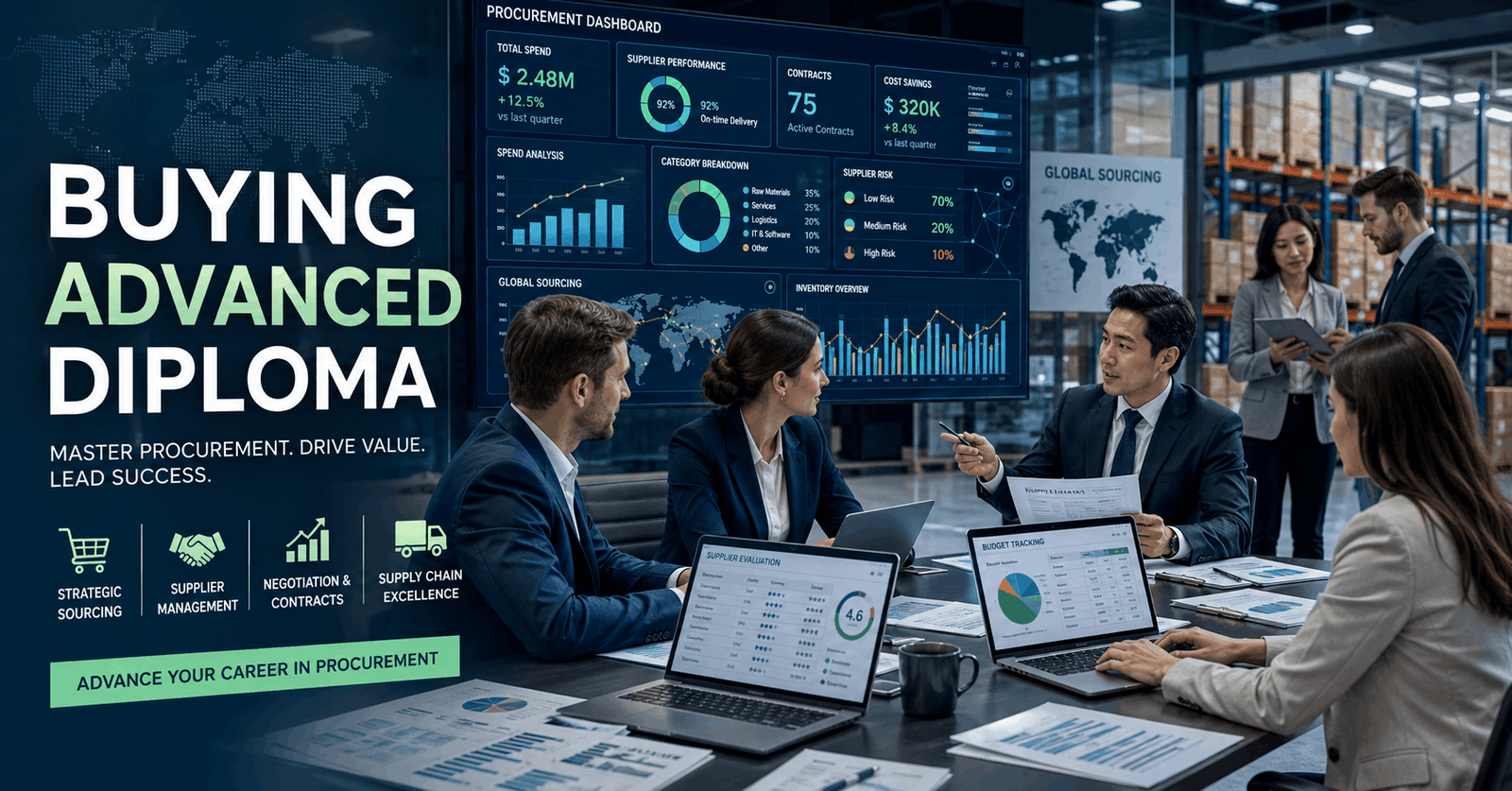 Professional procurement team in a modern office for Buying Advanced Diploma training