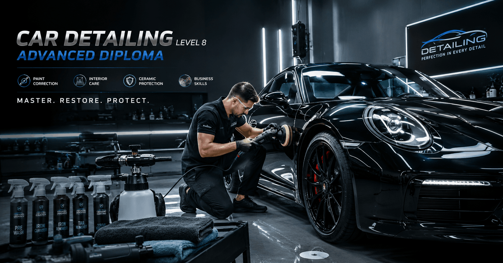 Professional technician performing paint correction in a modern car detailing course workshop