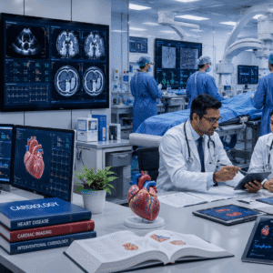 Professional Cardiology Diploma training with cardiologists reviewing heart scans and cardiac diagnostics