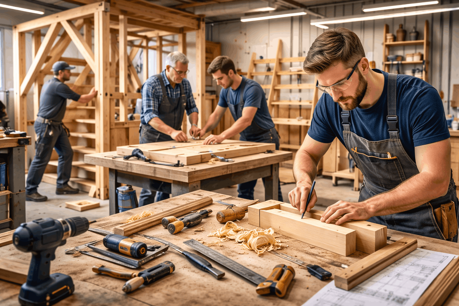 Carpentry and Joinery Diploma training showing skilled carpenters working on timber frames, joinery and woodworking projects