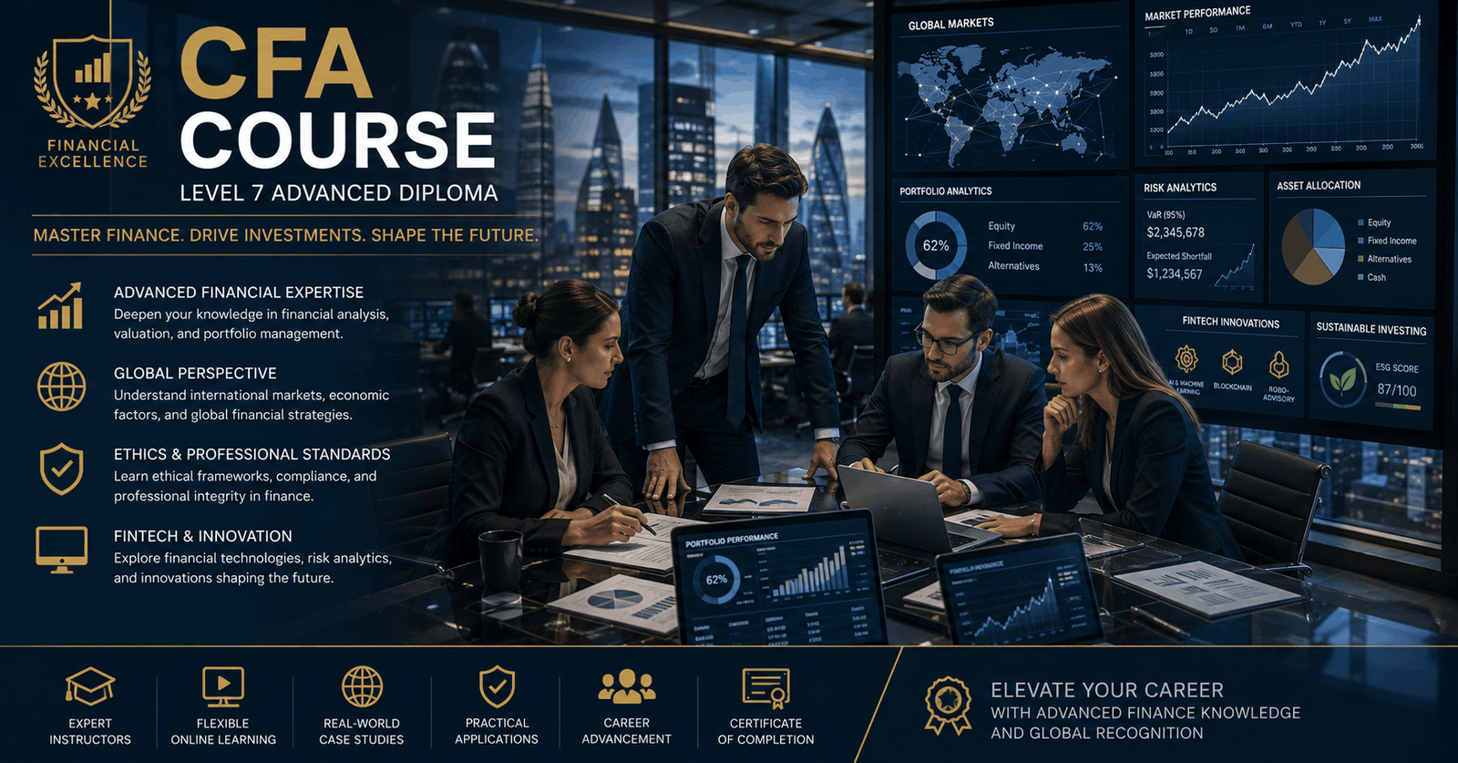 Finance professionals analysing investment data in a CFA Course Level 7 training environment