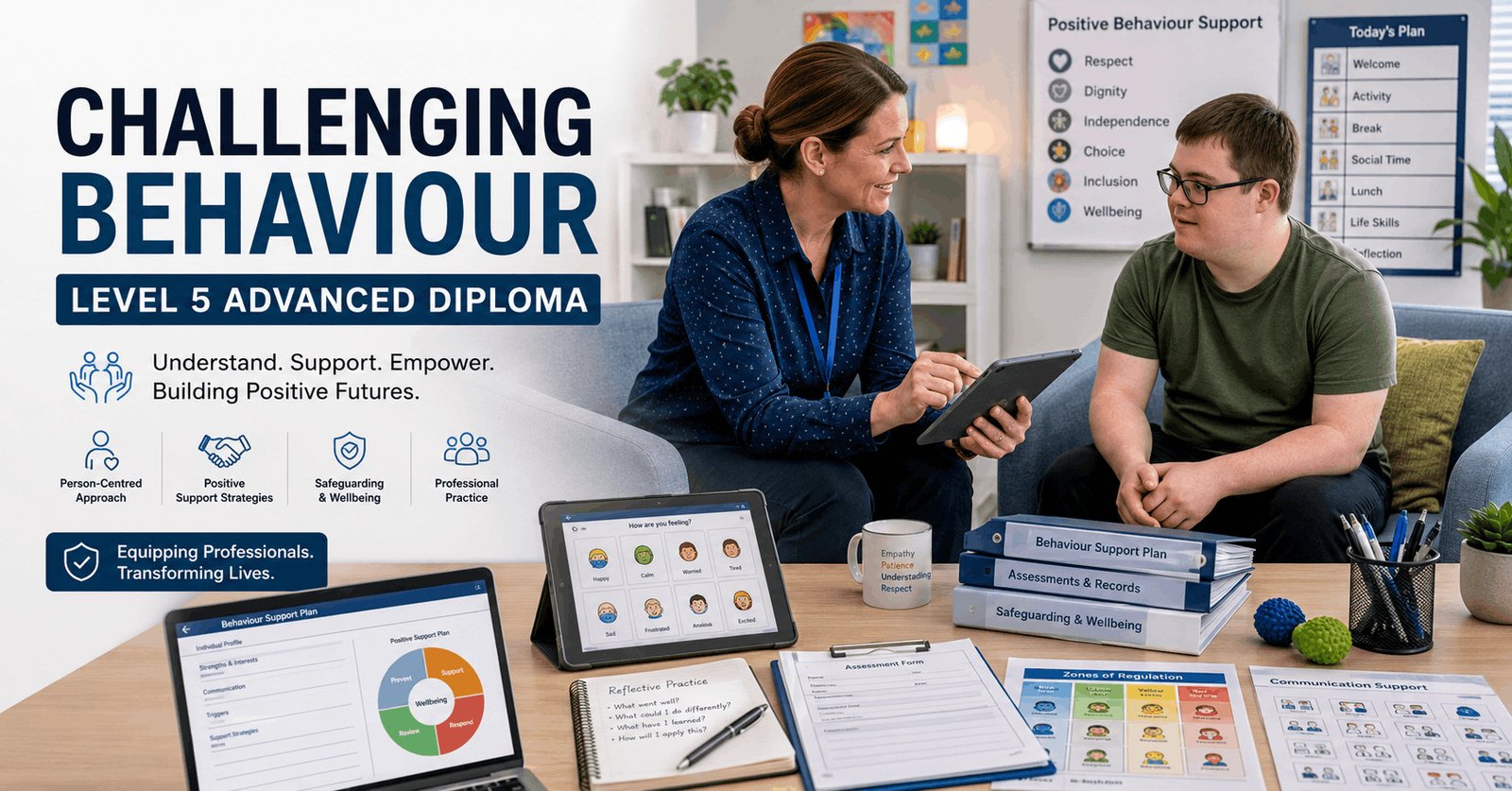 Healthcare professional supporting an individual during a Challenging Behaviour Course in a modern care and learning environment